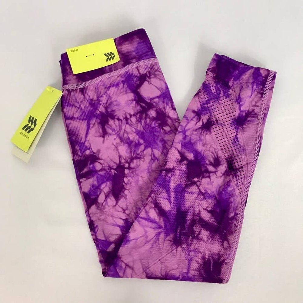 NWT All in Motion Girls' Seamless Tights Leggings Tie Dye Plum Purple - S (6/6x)